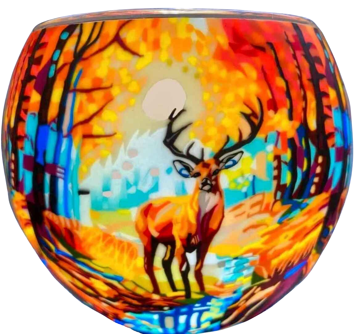 Claymaster Colourful Buck light globe glowing with a forward-facing buck in orange and gold autumn forest