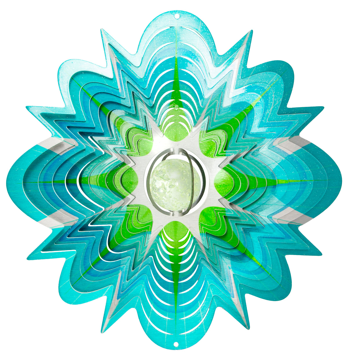 Large Glow-in-the-Dark Gazing Ball wind spinner with aqua, teal and lime starburst layers around a pale glowing orb