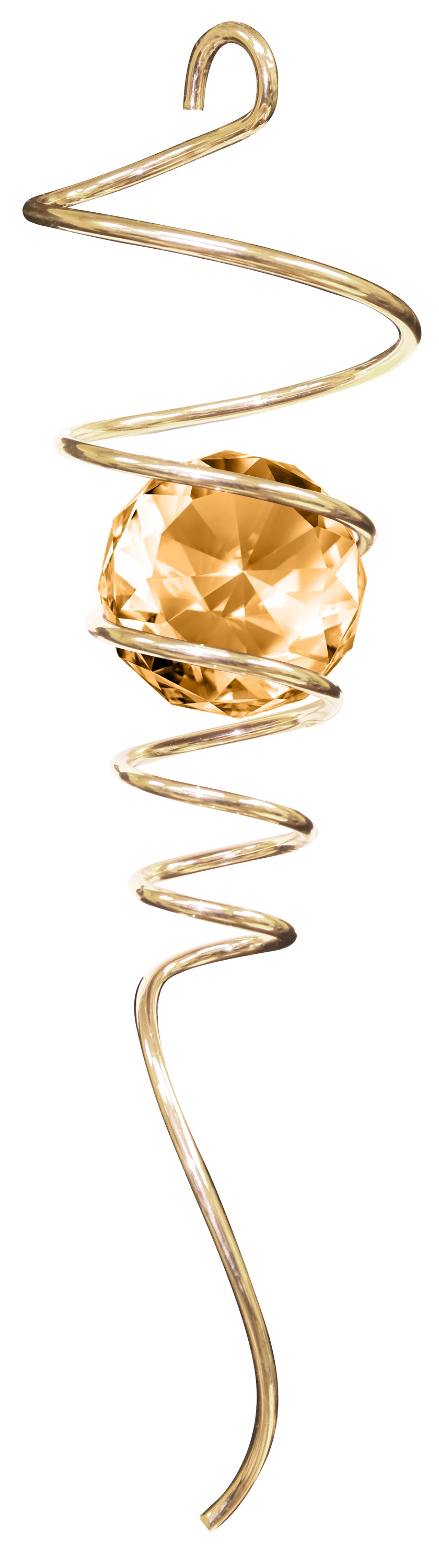 Gold spiral tail suncatcher with wide open coils holding a large amber faceted crystal ball