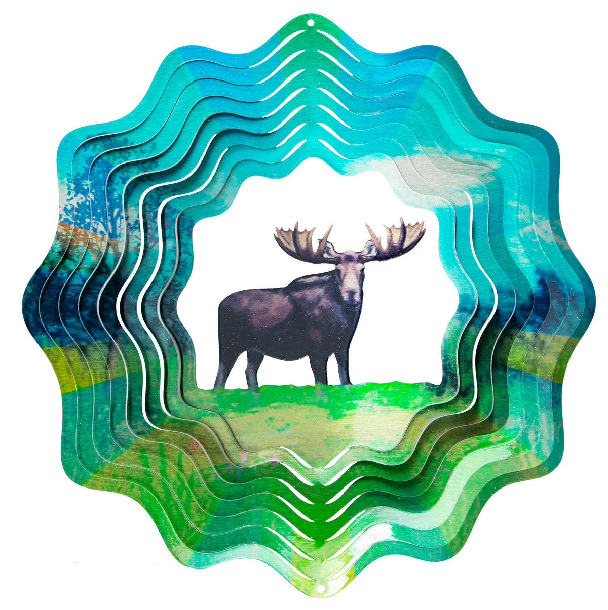 Large round wind spinner with a dark brown bull moose centrepiece framed by rippled teal and green layered blades