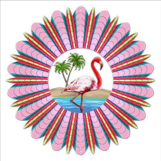 Large round wind spinner with tropical feather-ray blades and a pink flamingo standing in blue water by palm trees