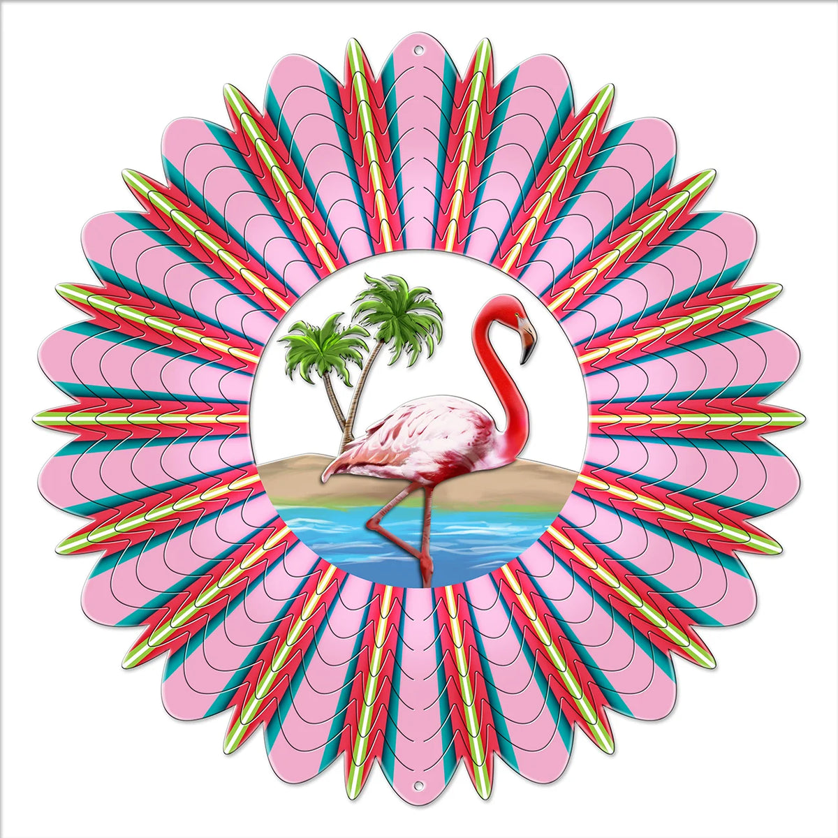 Small vivid flamingo wind spinner with a pink flamingo standing in blue water by palm trees, ringed by radiating pink feather blades