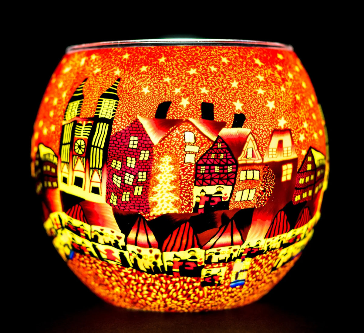 Fiery Dawn Claymaster light globe glowing orange and gold with a village scene of clock tower, half-timbered houses and market tents