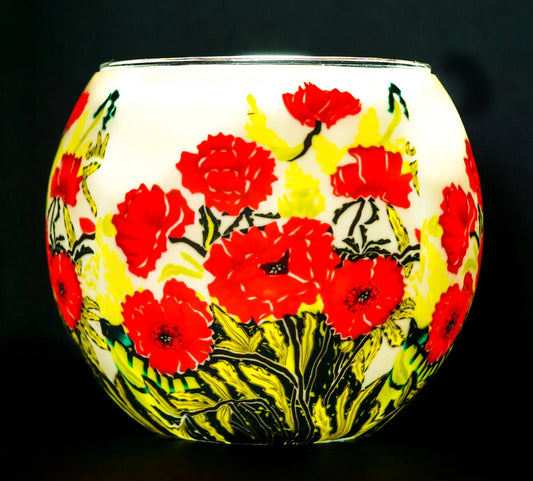 Classic Poppies Claymaster light globe glowing softly with red poppies over a warm white background and green foliage at the base