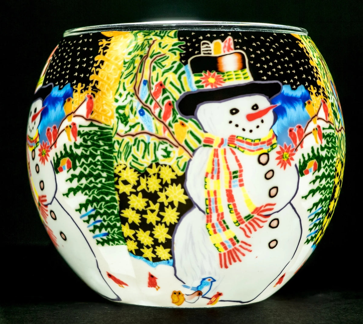 Snowman's Chorus Claymaster light globe with a top-hatted snowman, cardinals, bluebirds and snowy evergreens under a starry sky