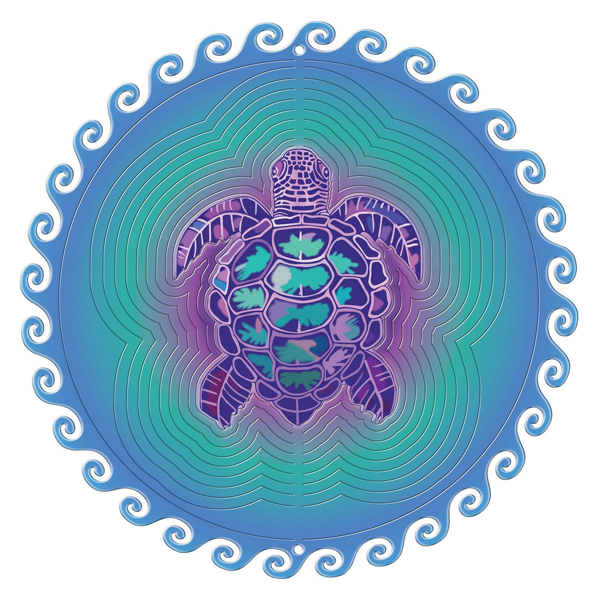 Large wave turtle wind spinner showing a purple sea turtle with floral shell on a teal-to-blue gradient, ringed by curling blue wave motifs