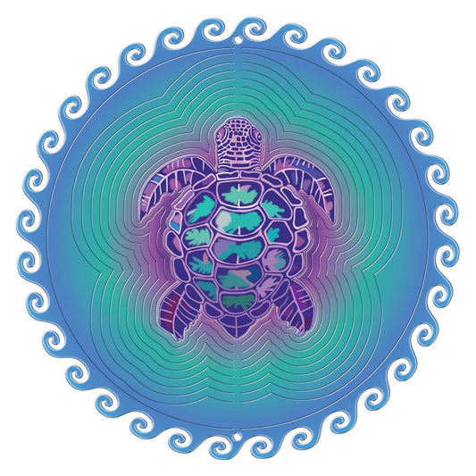 Large wave turtle wind spinner showing a purple sea turtle with floral shell on a teal-to-blue gradient, ringed by curling blue wave motifs
