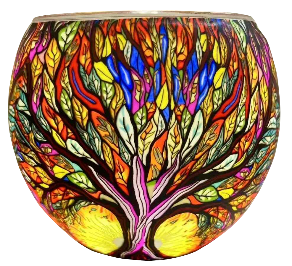 Claymaster Tree of Life light globe glowing with a multicoloured stained-glass style tree with golden base