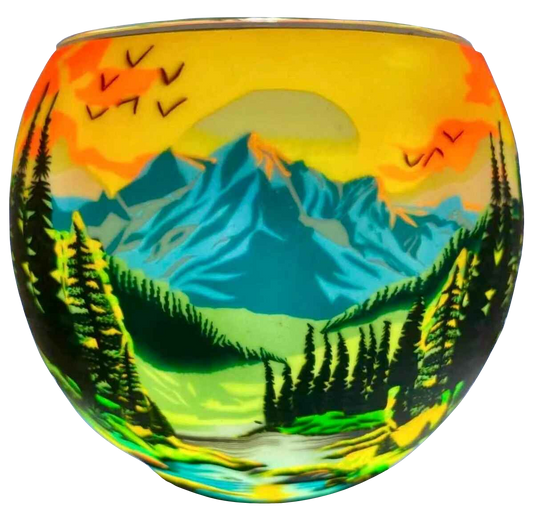 Claymaster Scenic Mountains light globe glowing with a snow-streaked peak, evergreen forest, stream and sunset sky