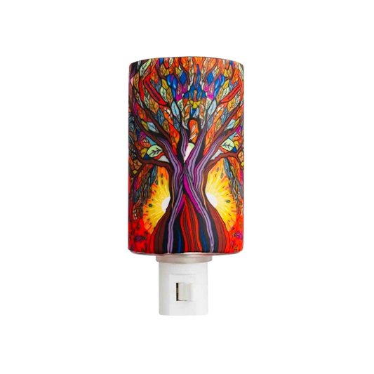 Claymaster Tree of Life nightlight – handcrafted glass with colourful stained-glass style tree and sunburst