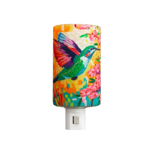 Claymaster colourful hummingbird nightlight – impressionist style hummingbird with pink flowers on orange