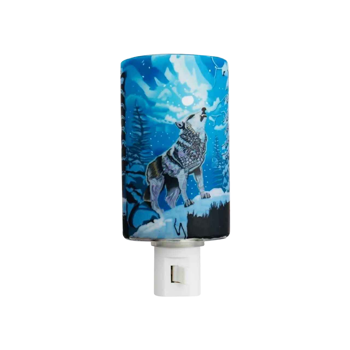 Claymaster howling wolf nightlight – handcrafted glass with wolf howling at full moon in snowy forest