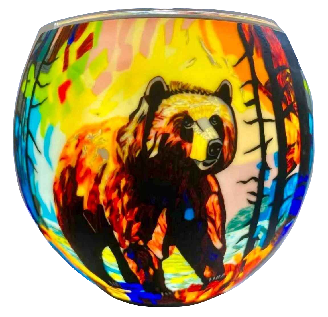 Claymaster Colourful Bear light globe glowing with a grizzly bear in vivid orange and yellow against a stained-glass forest