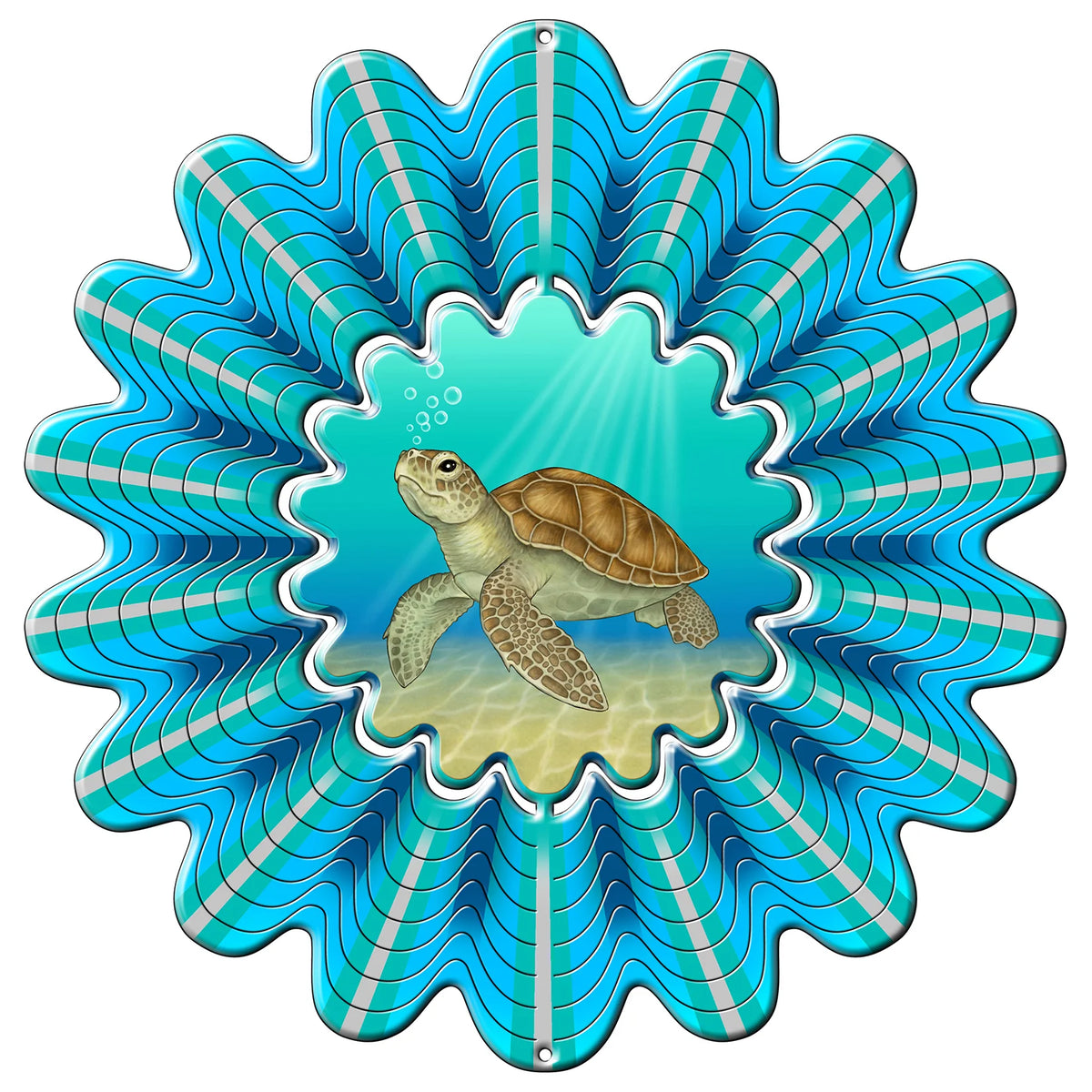 Large wind spinner with blue and teal wave-striped blades and an animated centre showing a sea turtle swimming underwater