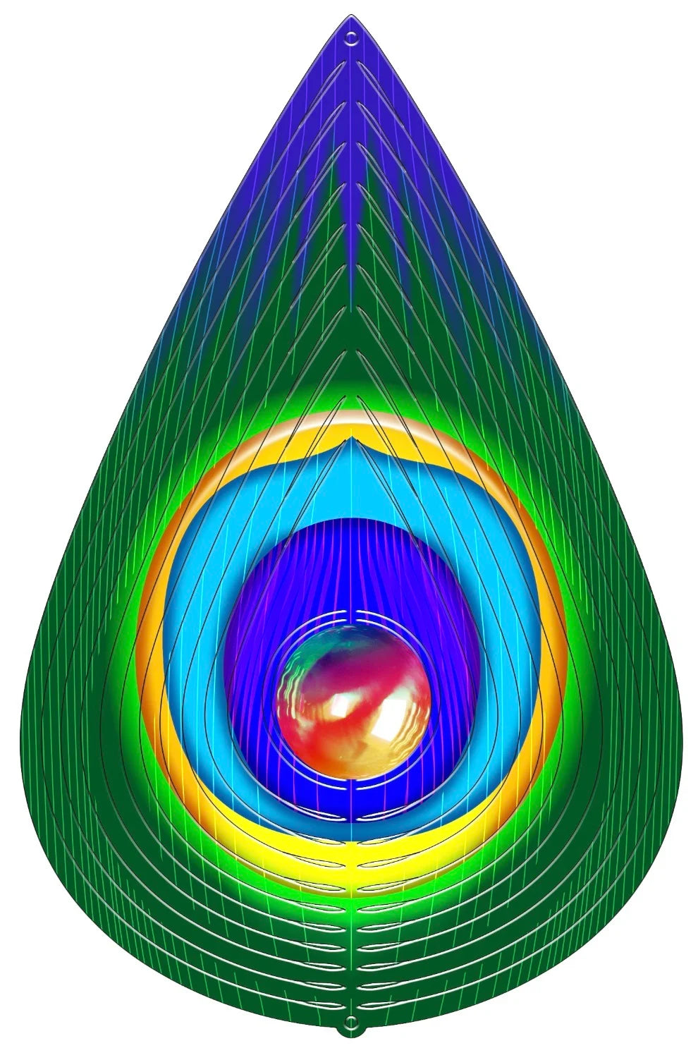 Large peacock teardrop wind spinner styled as a peacock feather eye in green, blue, gold and purple with mirrored gazing ball centre