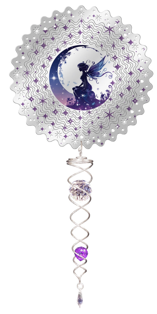 Small fairy wind spinner set with purple fairy on crescent moon centre scene, silver scalloped spinner and crystal twister with purple crystal ball