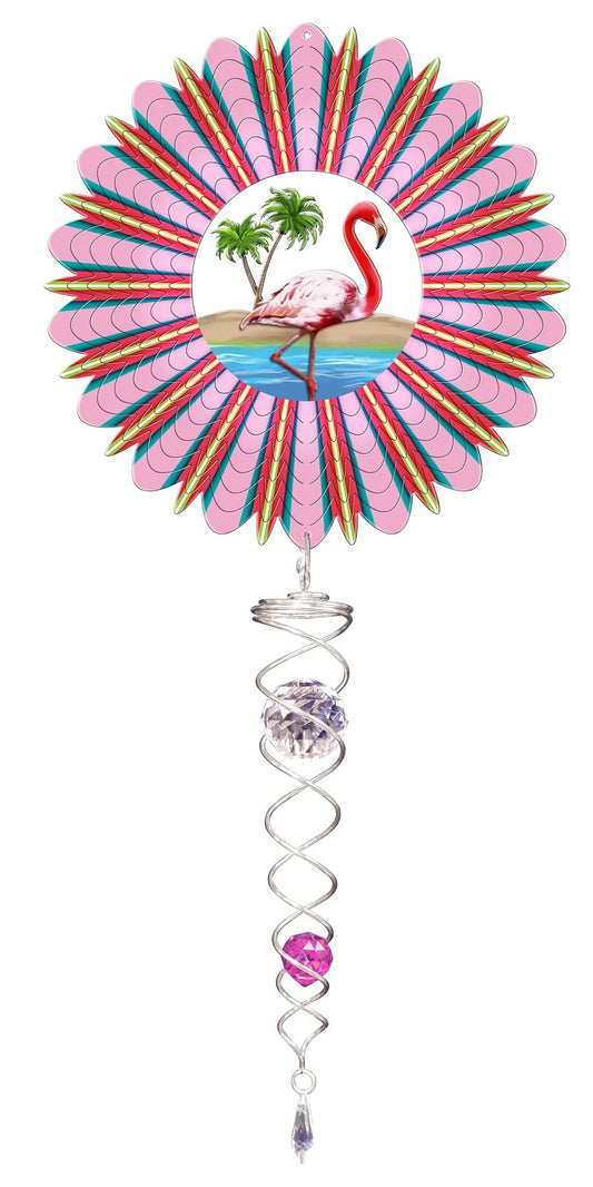 Small flamingo wind spinner gift set with tropical flamingo centre scene and pink crystal twister hanging below