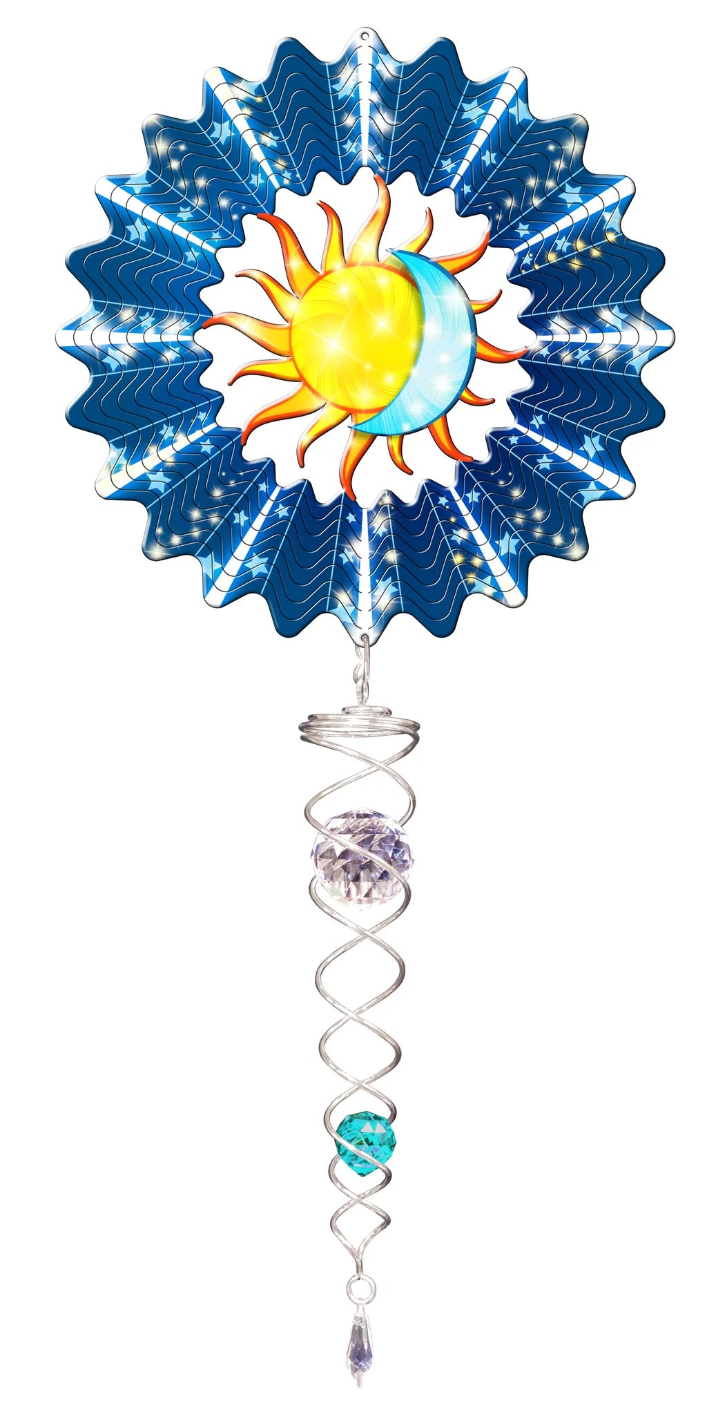 Small sun and moon wind spinner set with golden sun, crescent moon and starry blue border, above a silver crystal twister with teal crystal
