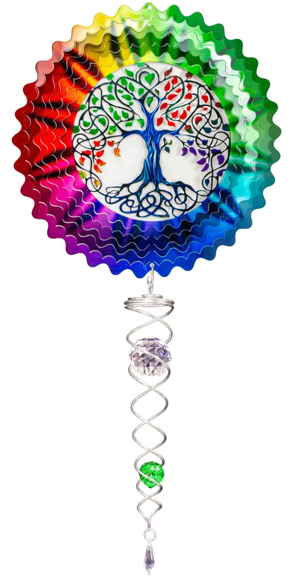 Tree of Life wind spinner set with rainbow zig-zag blades, Celtic-knot tree and silver crystal twister
