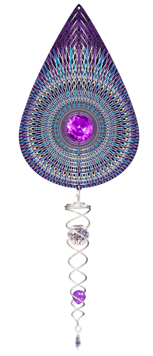 Galactic mandala teardrop wind spinner set with purple, blue and white patterned teardrop spinner and silver crystal twister hanging beneath