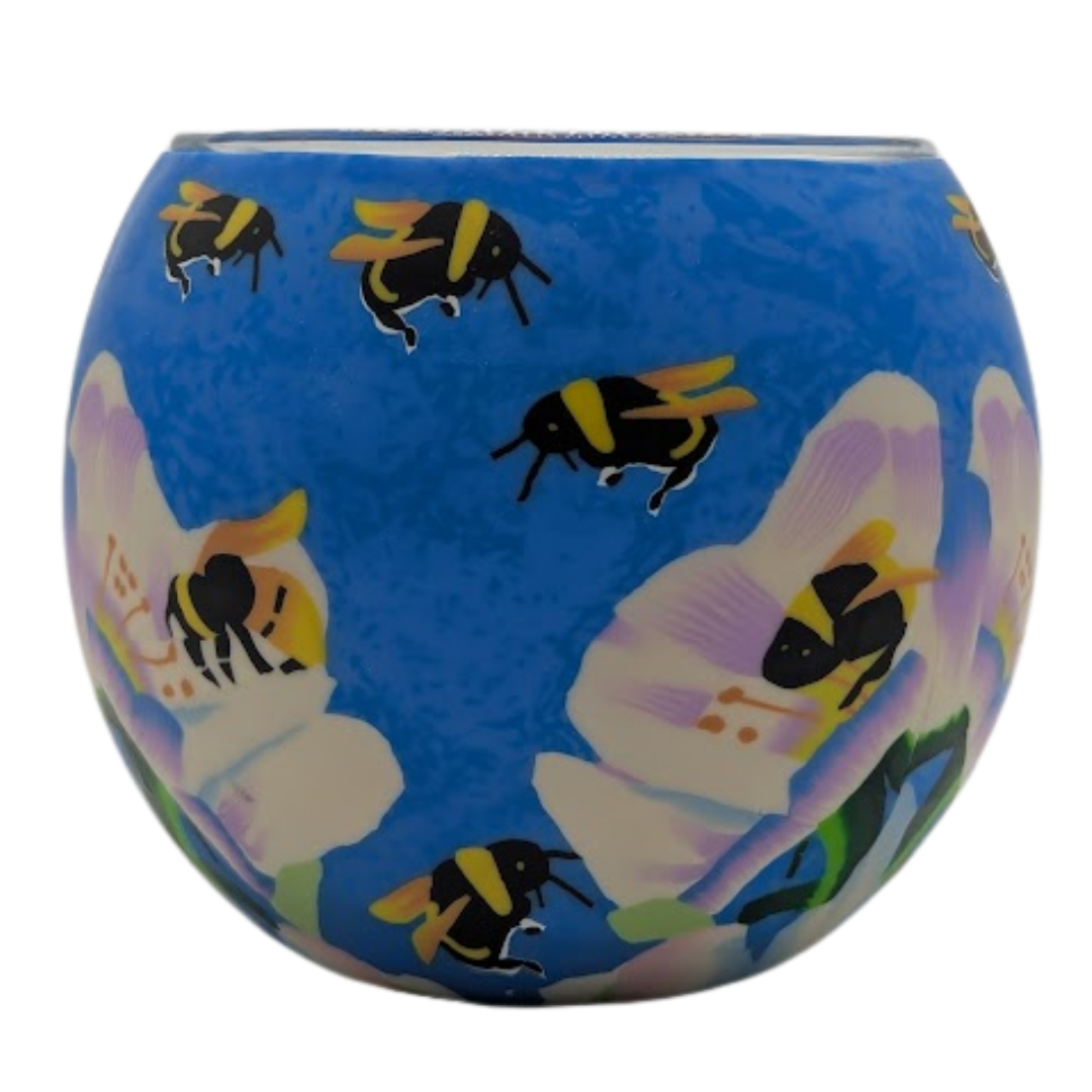 Claymaster Busy Bees light globe with bumblebees flying among white and lavender blossoms on a sky-blue background