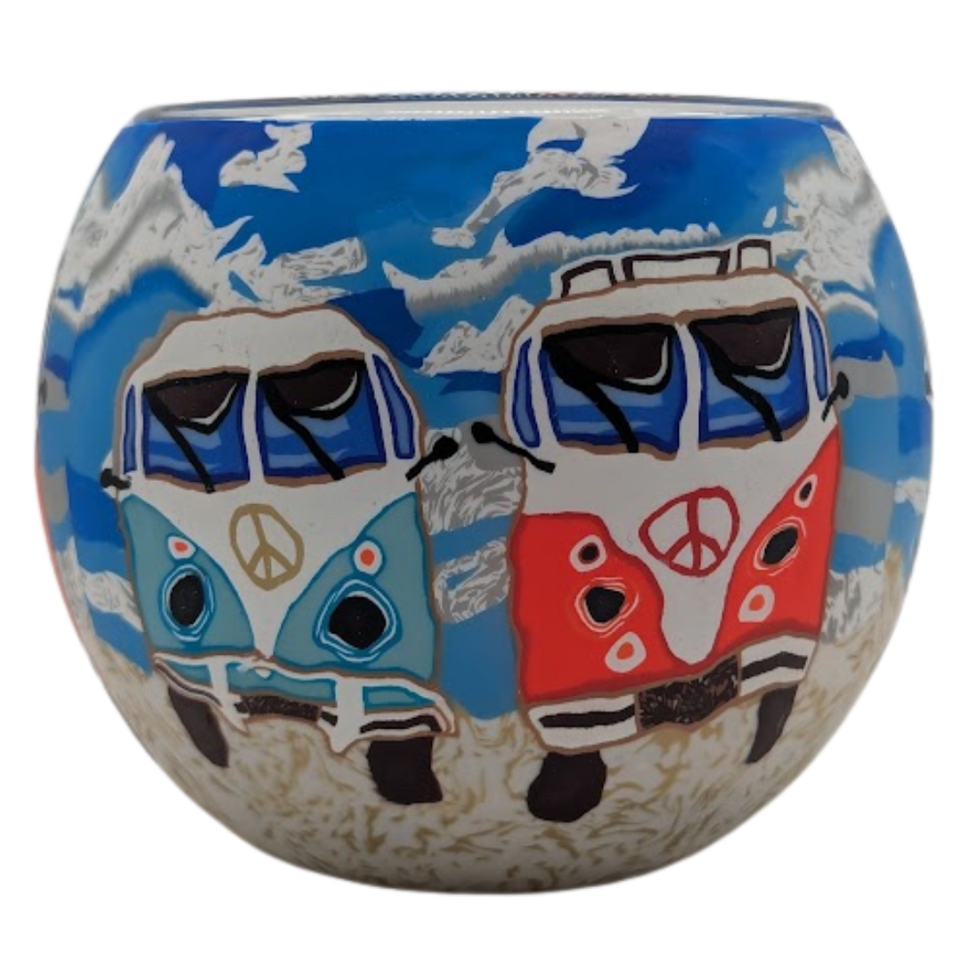 Claymaster Camping light globe showing aqua and red retro camper vans with peace signs under a blue sky