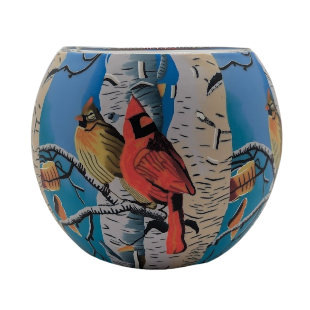 Claymaster Cardinals light globe with a red male and golden-brown female cardinal on birch branches against turquoise