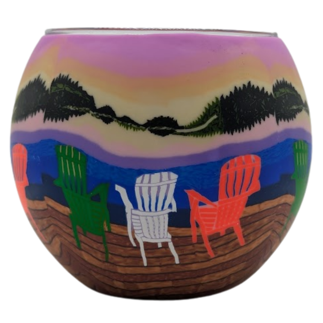 Claymaster Dock Chairs light globe showing Muskoka chairs on a dock facing a sunset lake, shown unlit on a white background