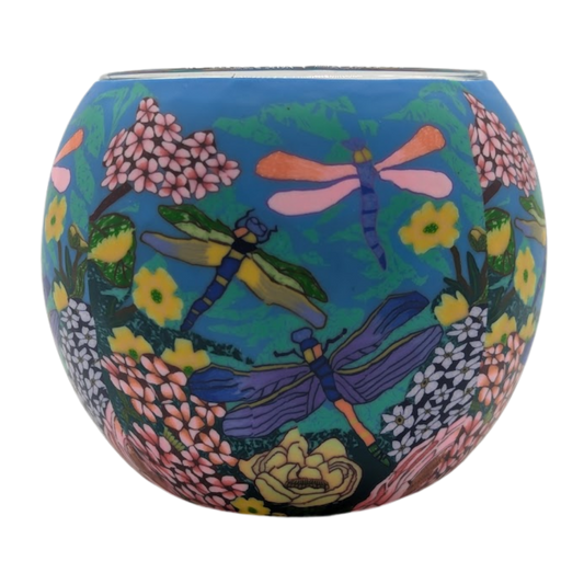 Claymaster Dragonfly Garden light globe with three colourful dragonflies among pink, white and yellow flowers on turquoise