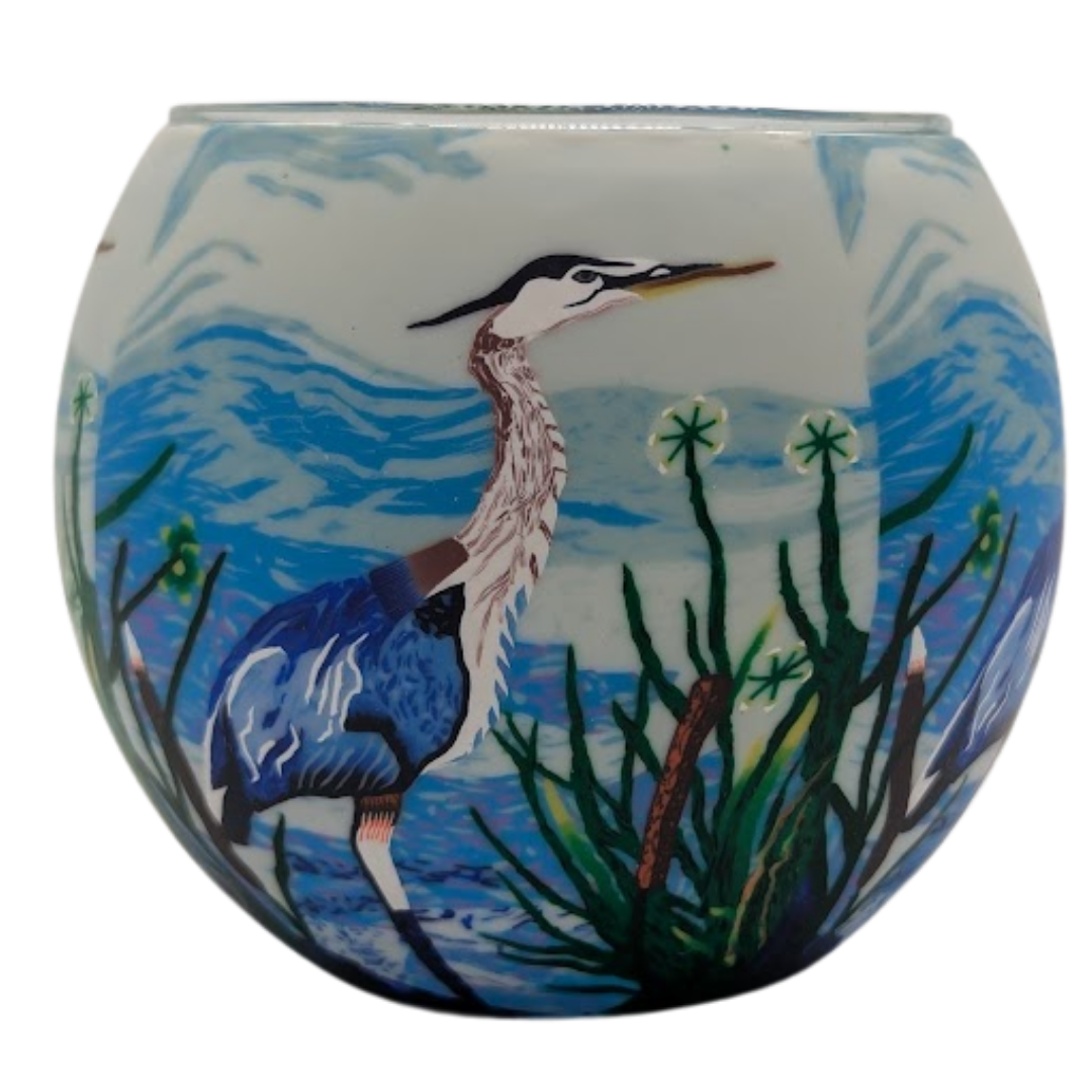 Great Blue Heron light globe glowing on LED base bundle