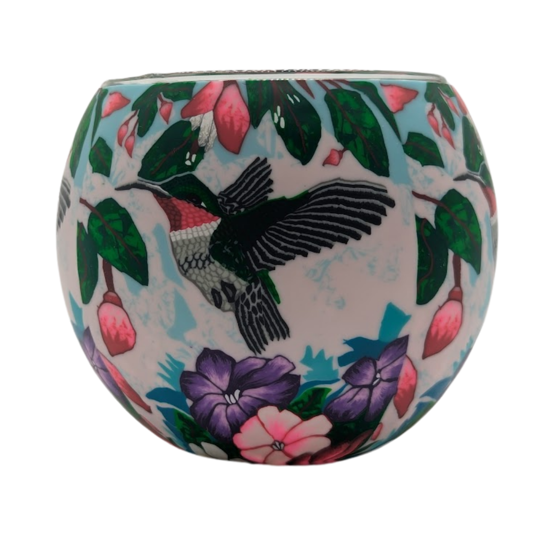 Hummingbird Claymaster light globe with hand-wrapped hummingbird hovering among pink fuchsias and purple flowers