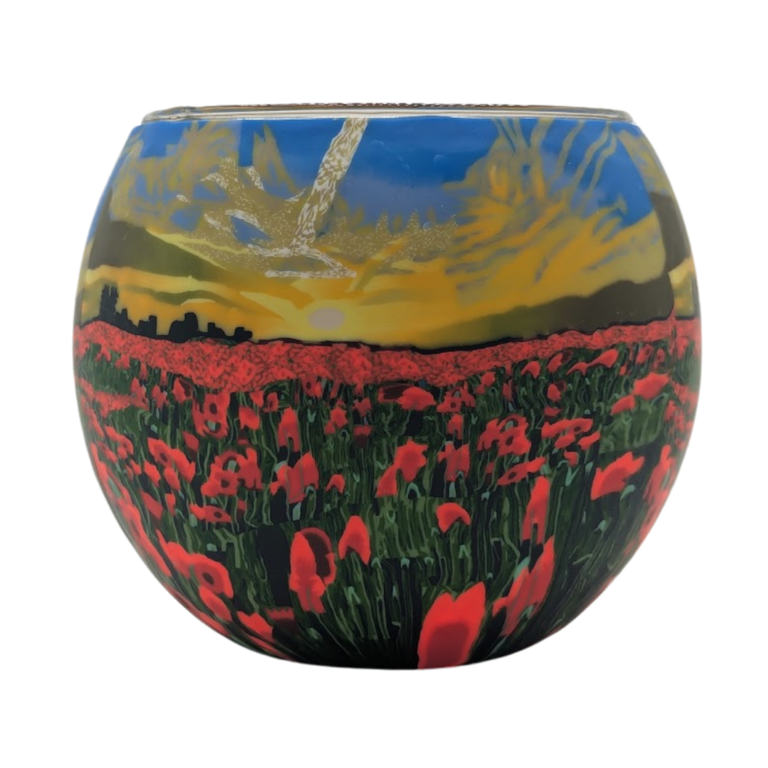 Claymaster Poppy Sunrise light globe with a red poppy field under a golden sunrise and blue sky