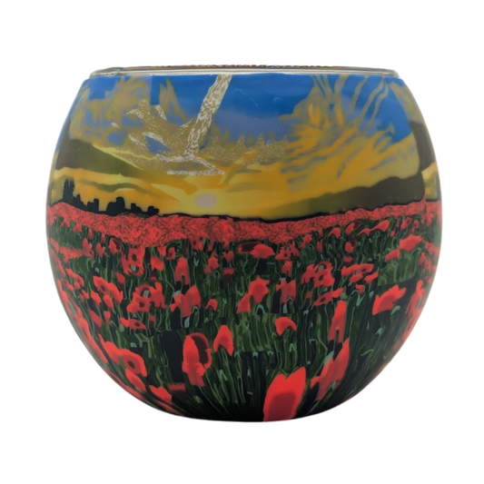 Claymaster Poppy Sunrise light globe with a red poppy field under a golden sunrise and blue sky