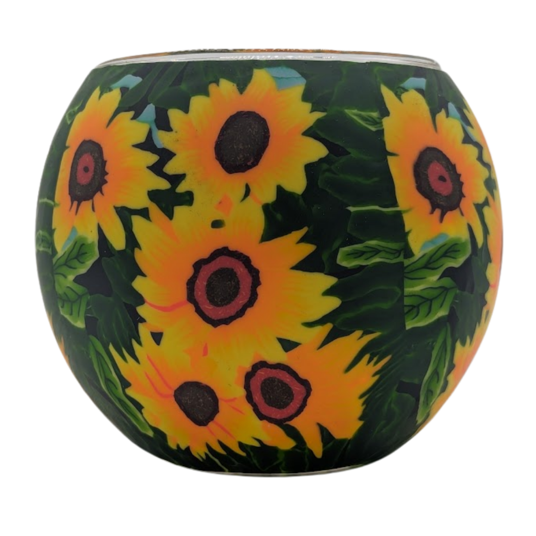 Claymaster Sunflowers light globe covered in large yellow sunflowers with green foliage, shown unlit on a white background