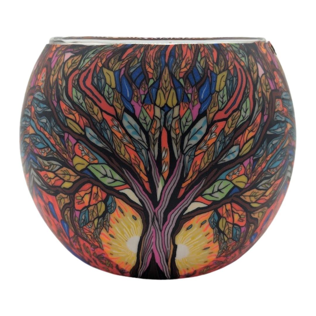 Colorful tree-of-life design on a round glass globe