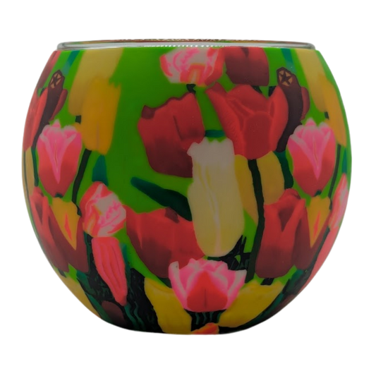 Tulips Claymaster light globe hand-wrapped with red, pink, yellow and cream tulips on a grass-green background