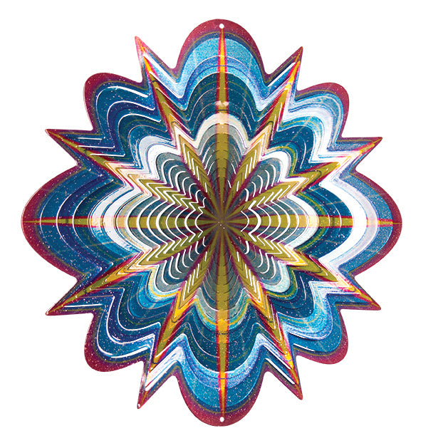 Small Arctic Splash wind spinner with icy blue, silver and white glitter layers around a gold eight-pointed star