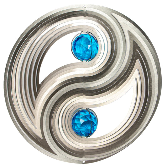 Large crystal yin yang wind spinner in brushed silver stainless steel with a blue faceted crystal ball set in each swirling half