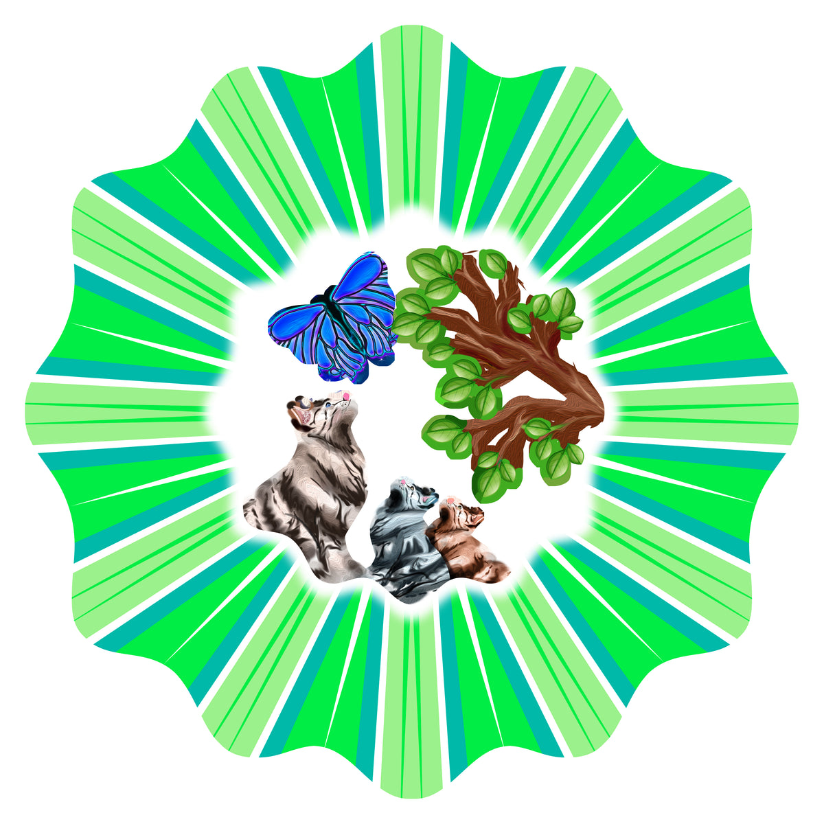 Large cats wind spinner with three cats and a blue butterfly centre scene inside a green sunburst rim