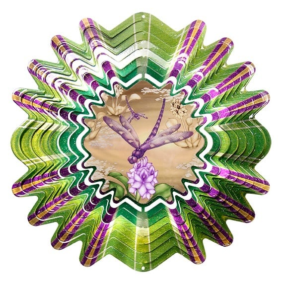 Large wind spinner with green and purple plaid blades and an animated centre showing a purple dragonfly over a hyacinth