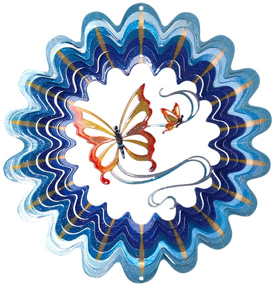 Small round wind spinner with blue scalloped blades, gold ray accents and painted orange butterflies at the centre