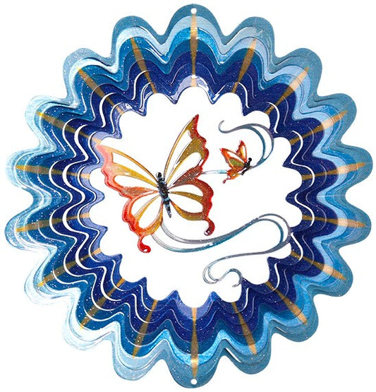 Small round wind spinner with blue scalloped blades, gold ray accents and painted orange butterflies at the centre
