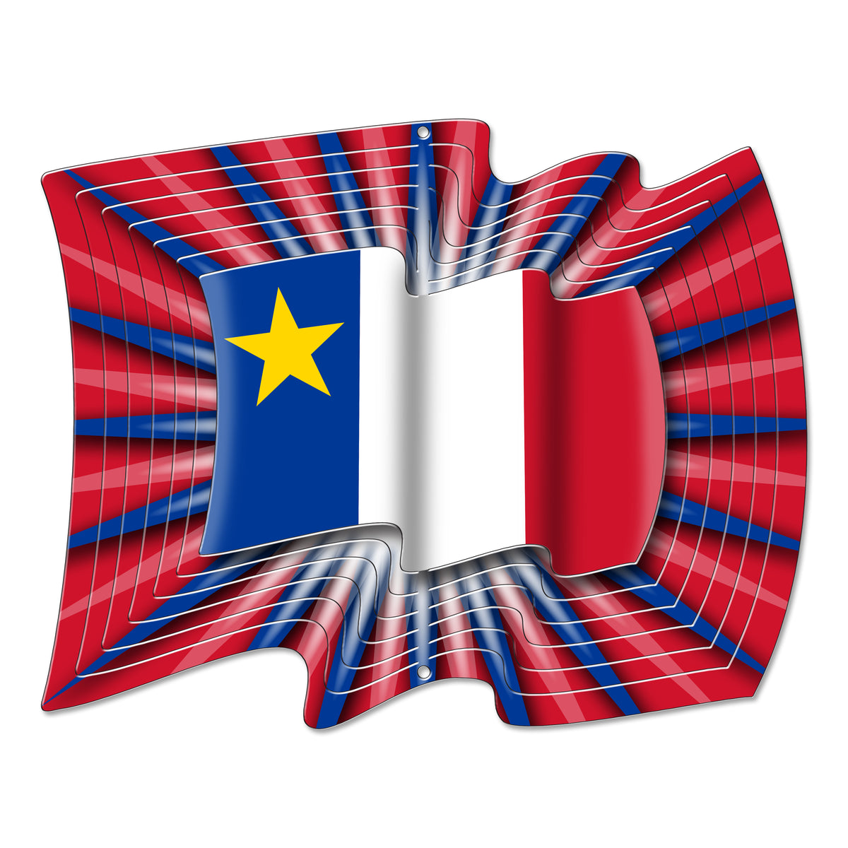 Large Acadian flag wind spinner with layered 3D waving tricolour and yellow star