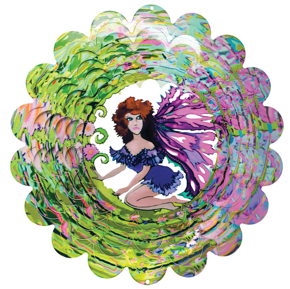 Large fairy wind spinner showing an illustrated fairy with butterfly wings kneeling by a pink flower, surrounded by swirling green, pink and aqua blades