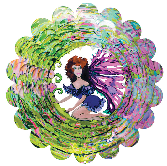 Large fairy wind spinner showing an illustrated fairy with butterfly wings kneeling by a pink flower, surrounded by swirling green, pink and aqua blades