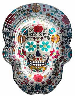 Large sugar skull wind spinner with colourful folk-art floral print and layered 3D depth