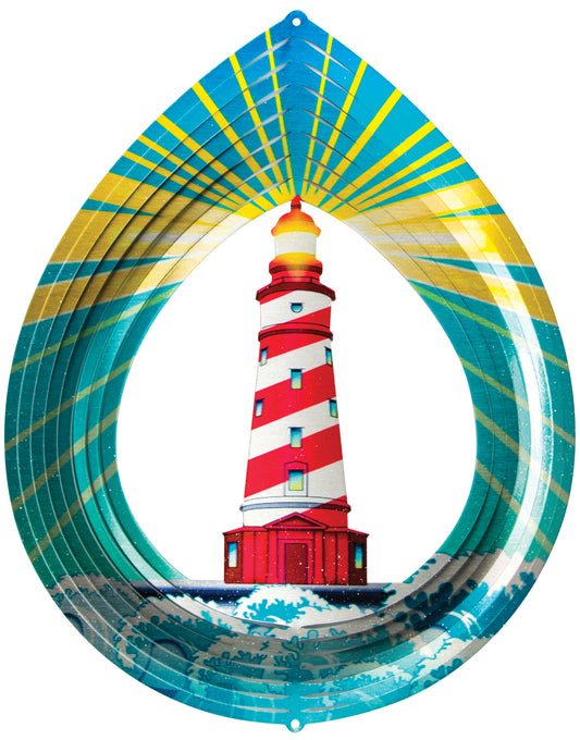 Large lighthouse wind spinner, a teardrop-shaped spinner showing a red-and-white striped lighthouse over teal waves with golden sun rays
