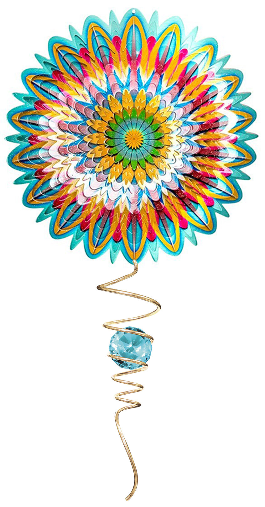 Large floral mandala wind spinner set with multicolour feathered petals and gold crystal tail with aqua crystal ball
