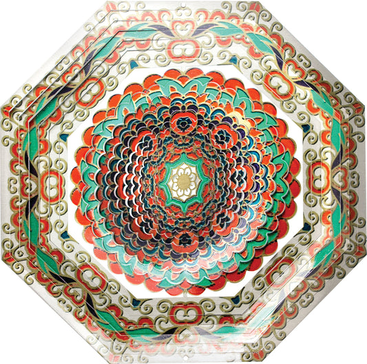 Large Octagonal Mandala wind spinner with scrollwork border and layered coral, teal, navy and gold petals around a gold lotus centre