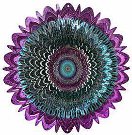Large galactic mandala wind spinner with purple and teal feathered petals spiralling into a concentric-ring centre